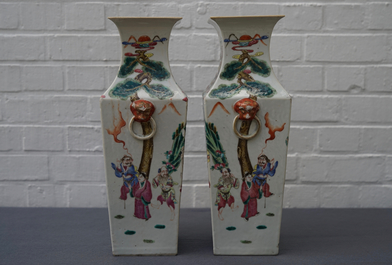 A pair of square Chinese famille rose vases, 19th C.